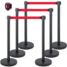 Black stainless steel crowd control stanchion set with retractable belt