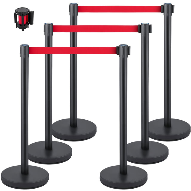 Black stainless steel crowd control stanchion set with retractable belt