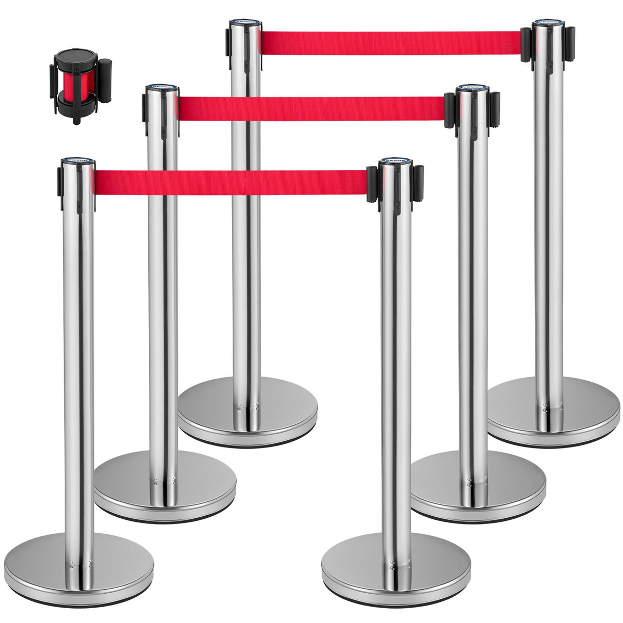 Silver stainless steel crowd control stanchion set with retractable belt