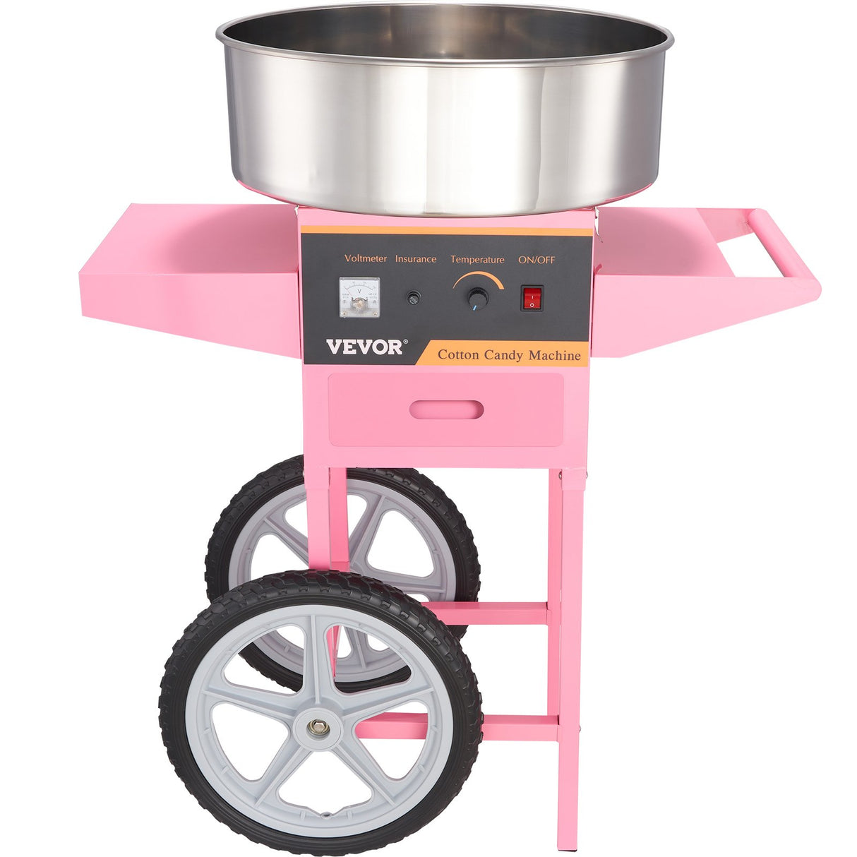 Commercial cotton candy machine mounted on a wheeled cart with candy storage box