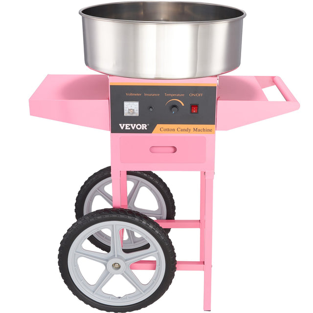 Commercial cotton candy machine mounted on a wheeled cart with candy storage box