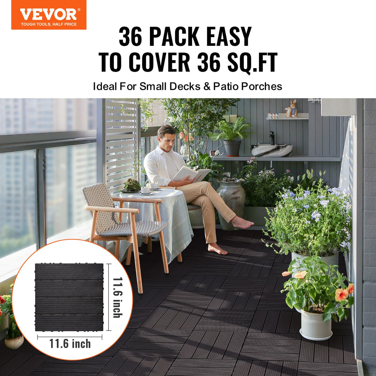 Palma Plastic Deck Tiles, 30 x 30cm, Dark Brown, 36pcs