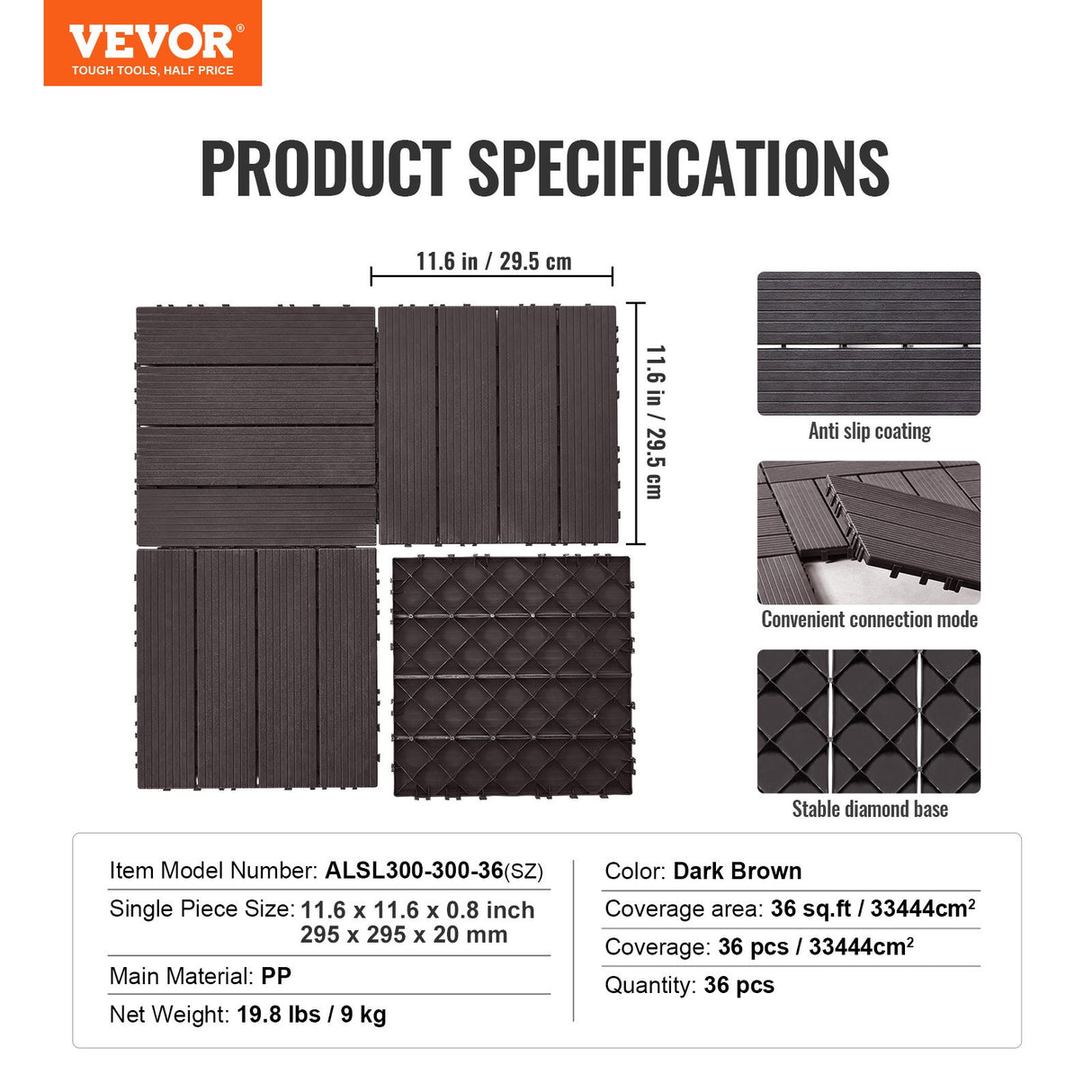 Palma Plastic Deck Tiles, 30 x 30cm, Dark Brown, 36pcs
