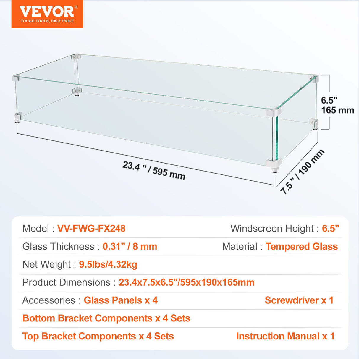 Clear Tempered Glass Wind Guard for Fire Pit