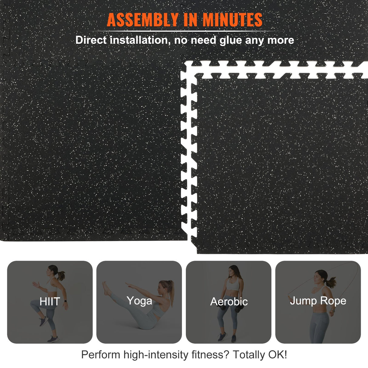 Almonaster Gym Floor Mats, 60 x 60cm, EVA Rubber Top, Black, 6pcs