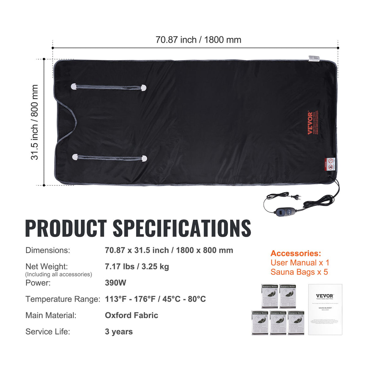 Far infrared sauna blanket, 180x80cm with arm holes