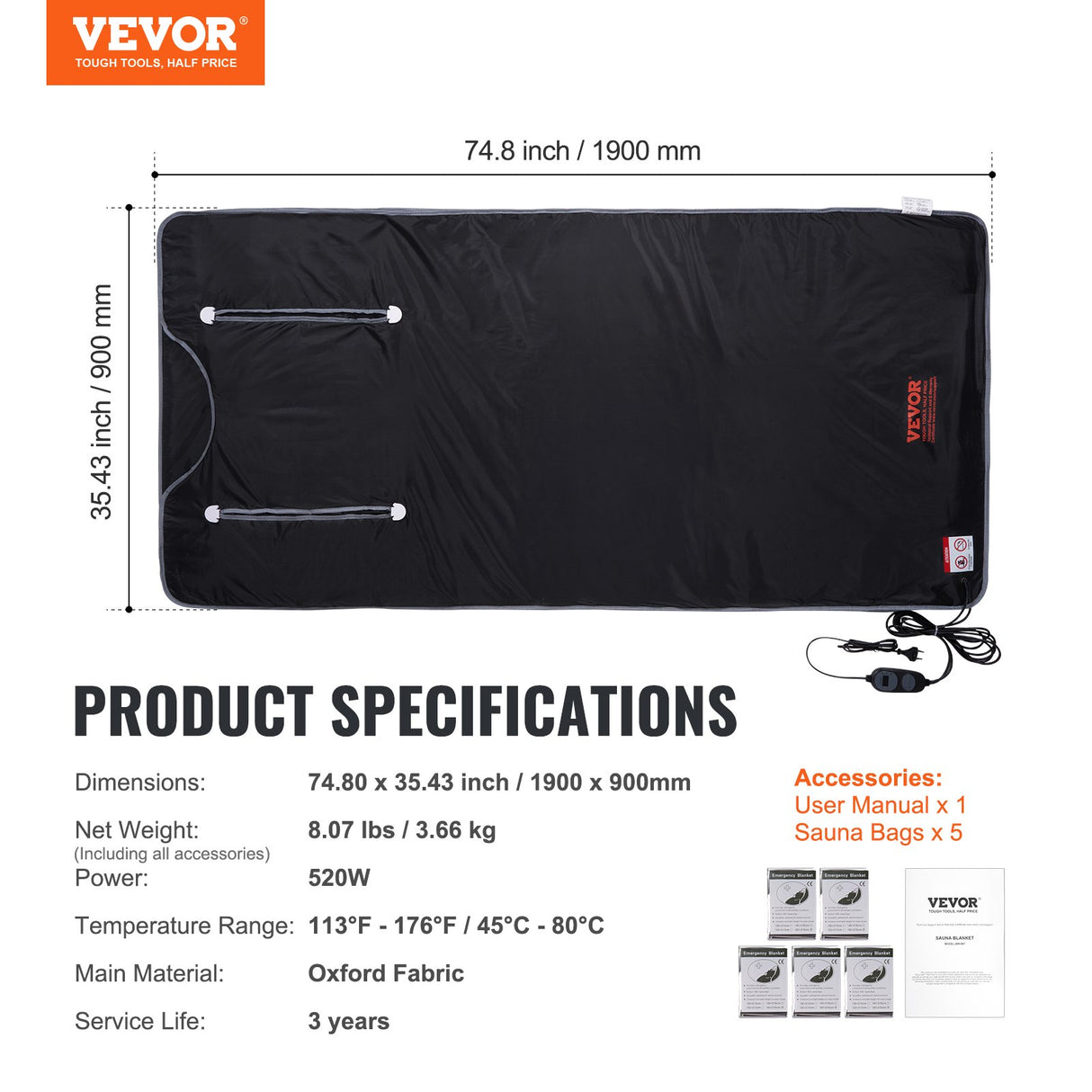 Far infrared sauna blanket, 190x90cm with arm holes