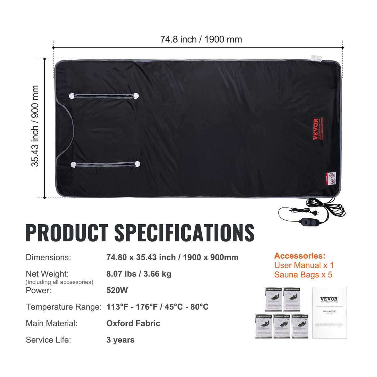 Far infrared sauna blanket, 190x90cm with arm holes