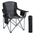 Black heavy duty camp chair with padded armrests cup holder and cooler bag