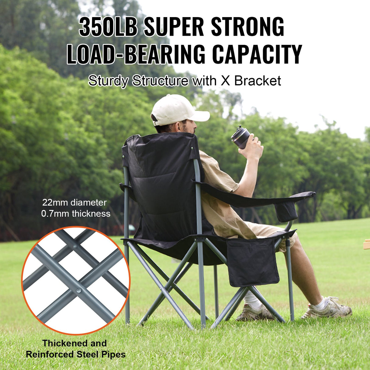 Arltunga Heavy Duty Folding Camp Chair with Cup Holder and Cooler Bag, Black