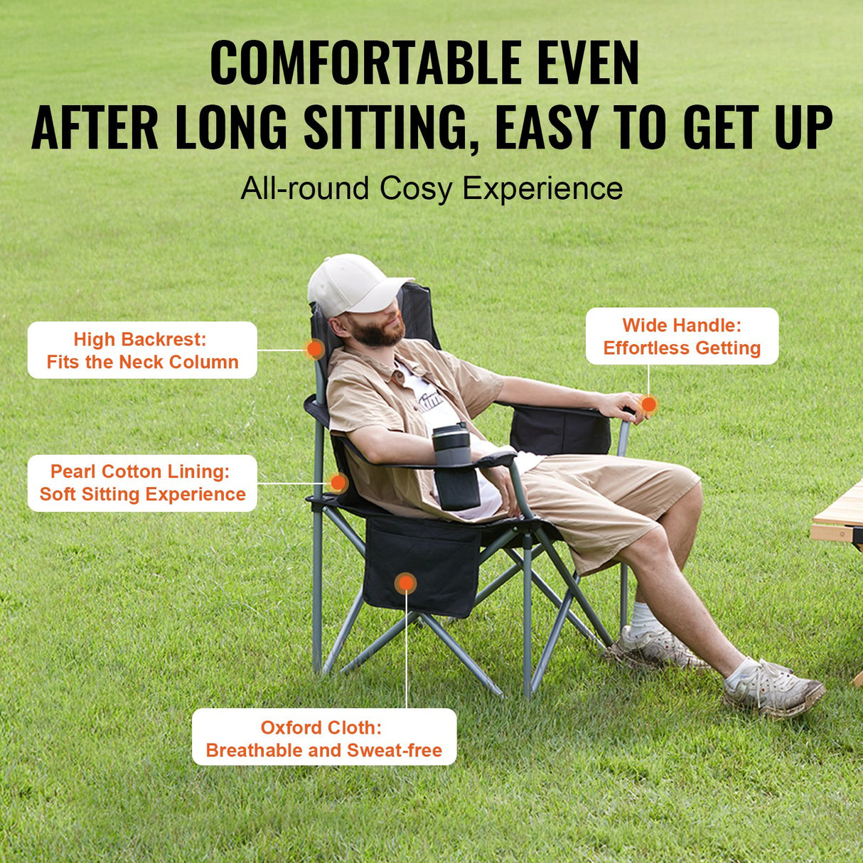Arltunga Heavy Duty Folding Camp Chair with Cup Holder and Cooler Bag, Black