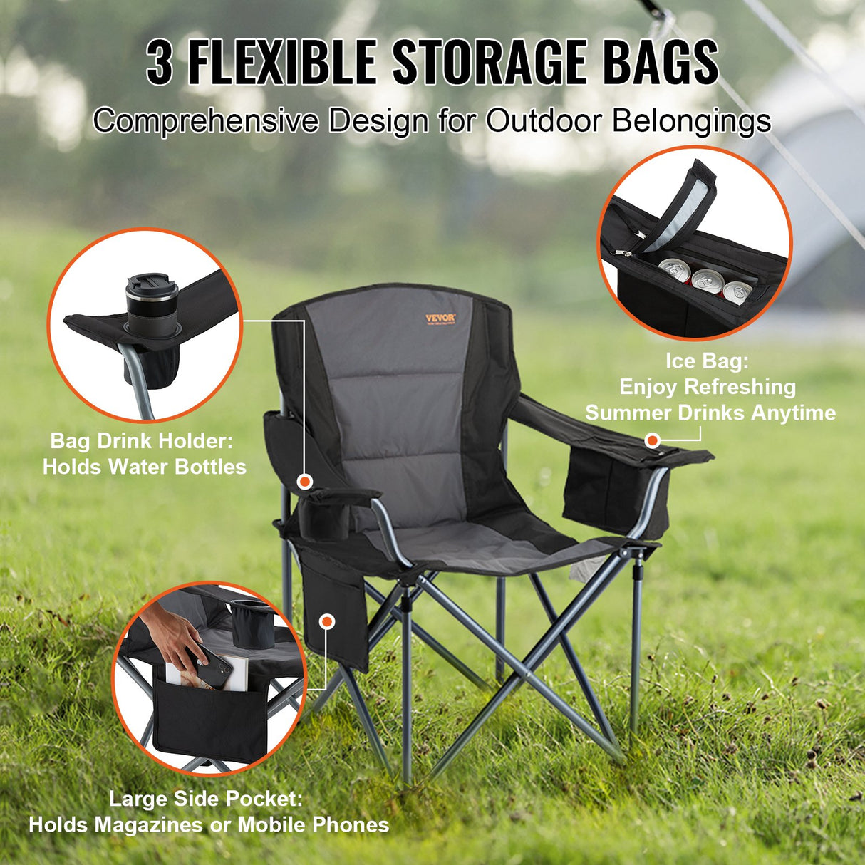 Arltunga Heavy Duty Folding Camp Chair with Cup Holder and Cooler Bag, Black
