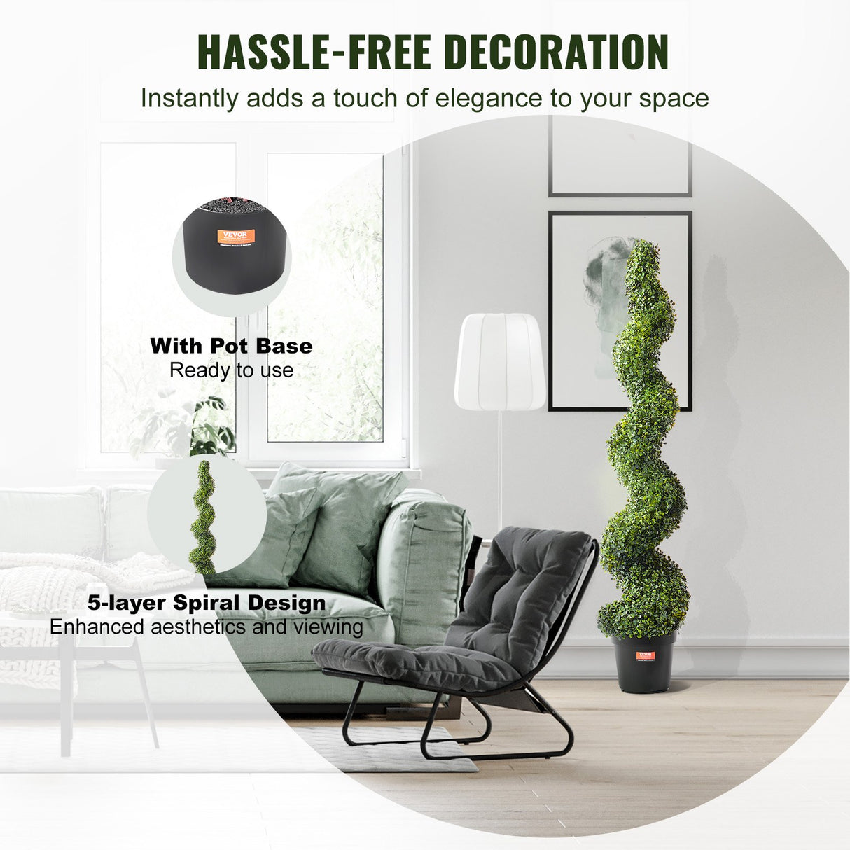 VEVOR faux topiary tree base and pot detail showing stability — Allure Home Collections