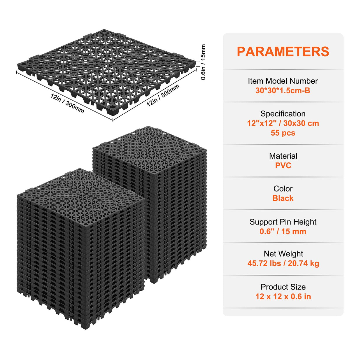 Nufenen Interlocking Drainage Floor Mat, 30x30cm, PVC, Black, 55pcs