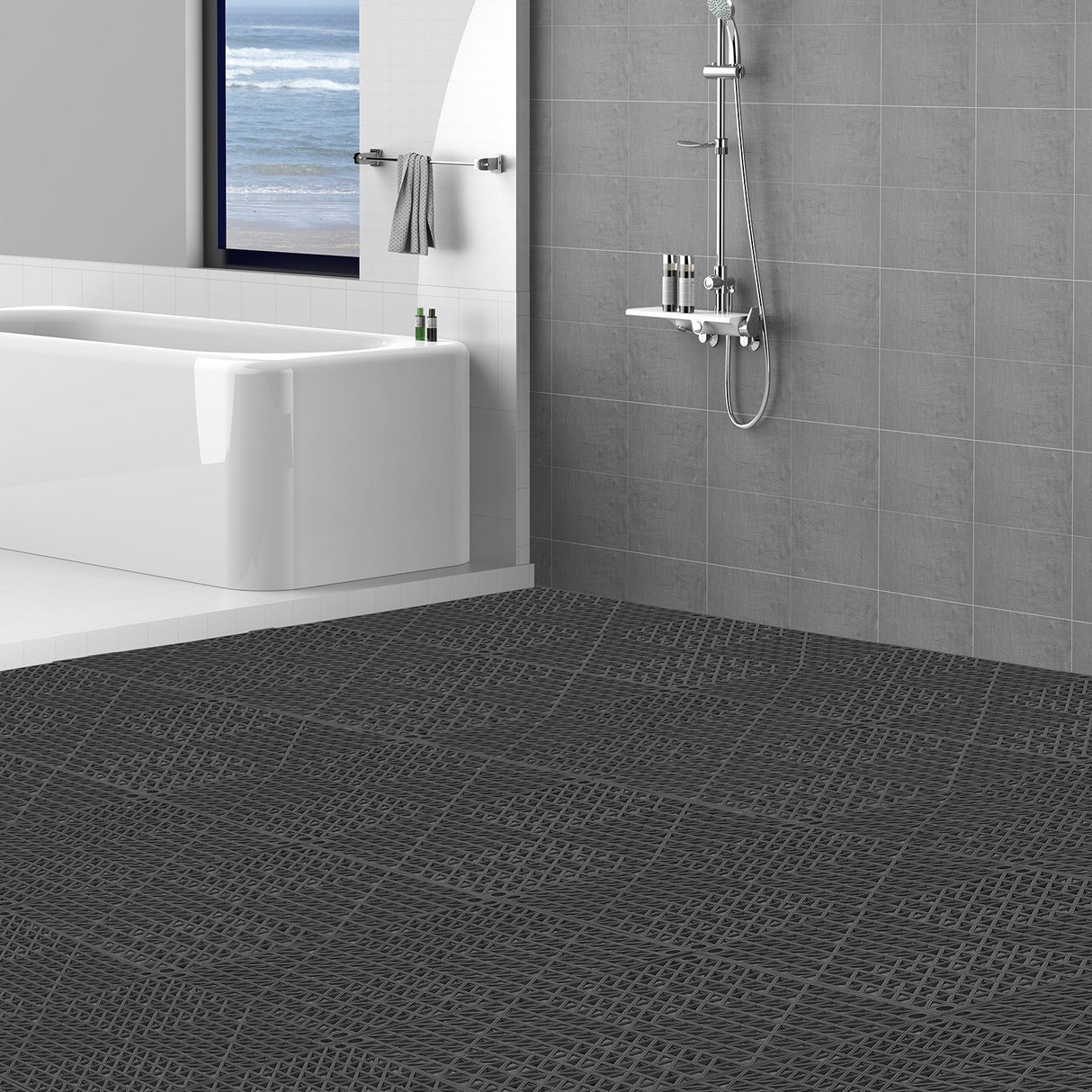 Fluela Interlocking Drainage Floor Mat, 30x30cm, PVC, Black, 12pcs