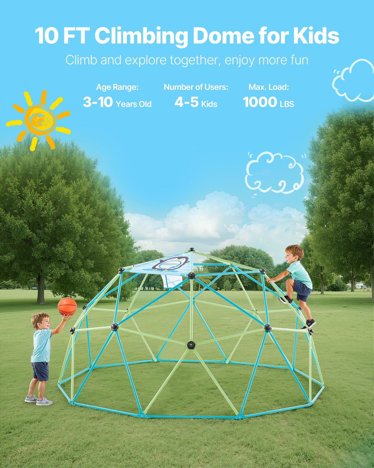 Geometric dome climber with basketball set 305cm view 2