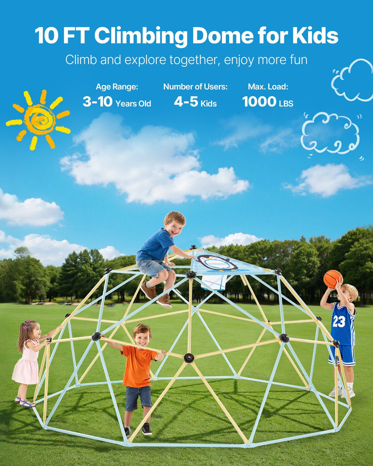 Geometric dome climber with basketball set and octopus net 305cm view 2