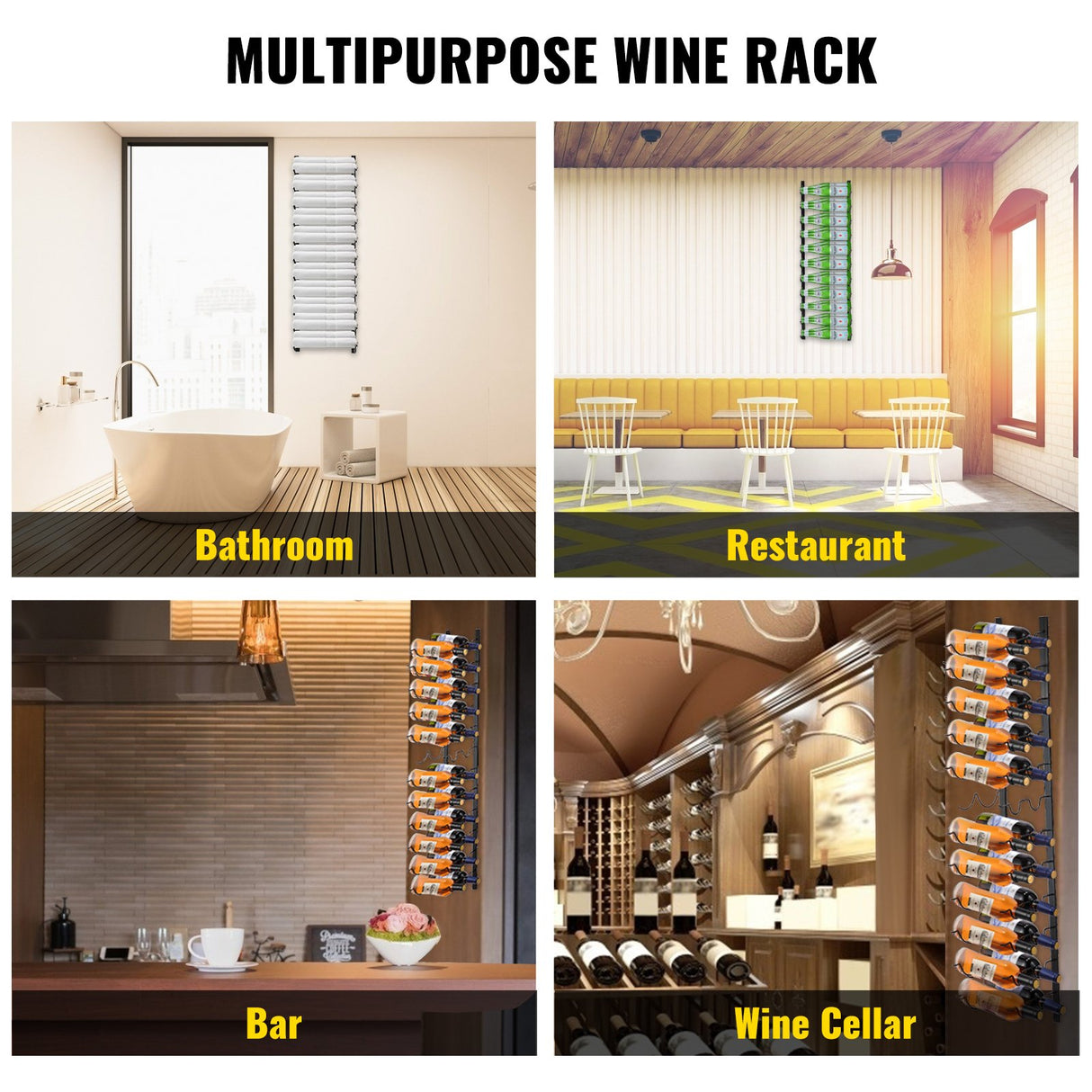 Wall mounted wine and towel rack for 24 bottles in black steel