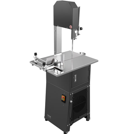 Commercial 550 W stainless steel meat bandsaw with grinding head on a bench