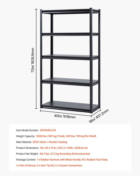 5 Tier Garage Storage Shelving Unit 2000lb Metal Rack Black