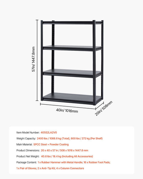 4 Tier Garage Storage Shelving Unit 2400lb Metal Rack Black