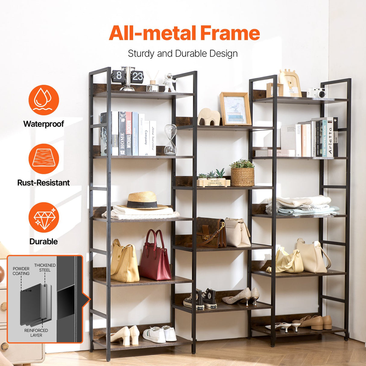 VEVOR Rustic 14-Tier Metal Bookshelf
