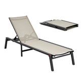 Silver foldable outdoor chaise lounge chair with breathable fabric and aluminium frame