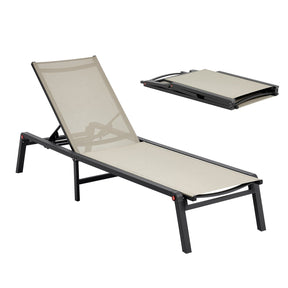 Silver foldable outdoor chaise lounge chair with breathable fabric and aluminium frame