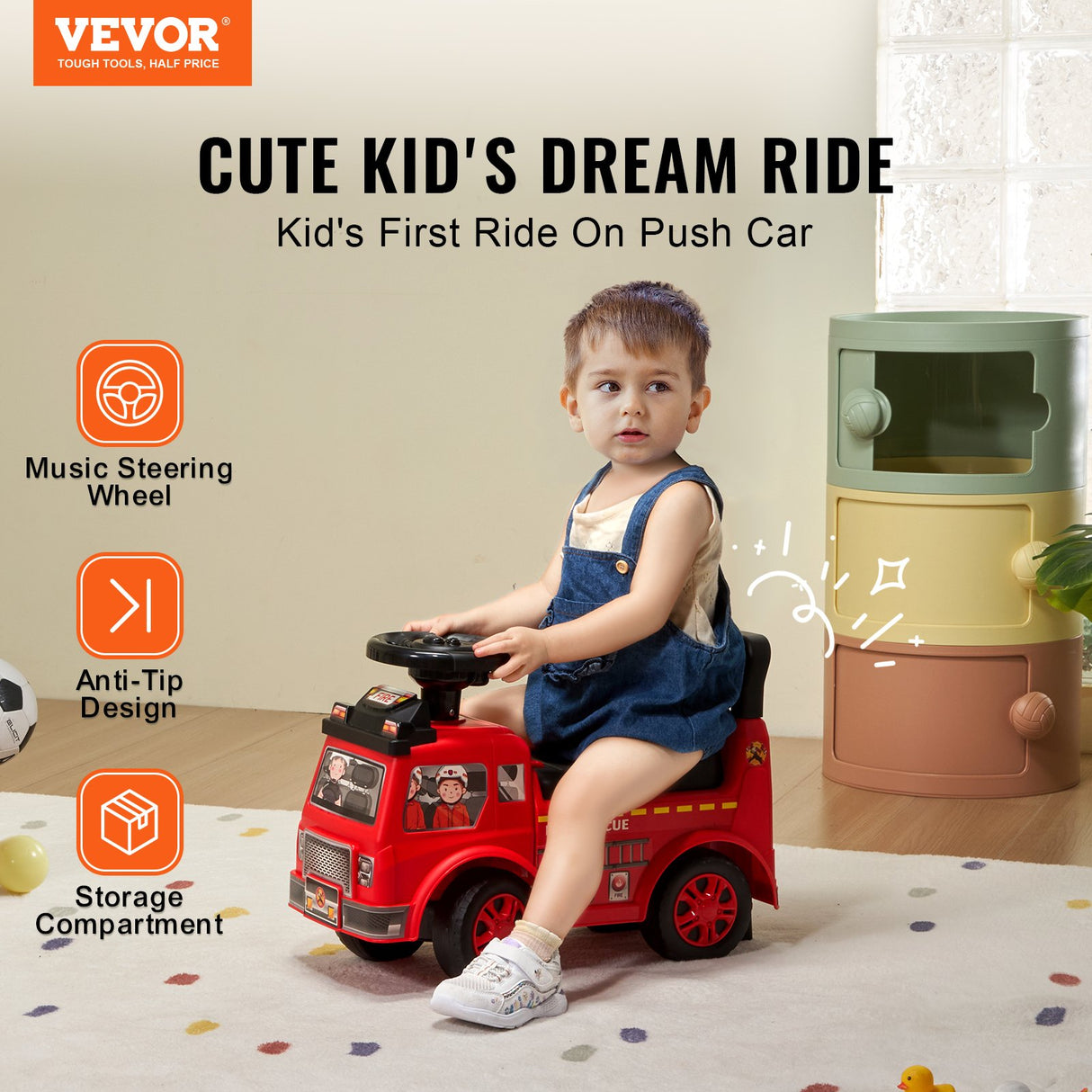 Toddler Push Ride On Car with Music Steering Wheel and Storage Red