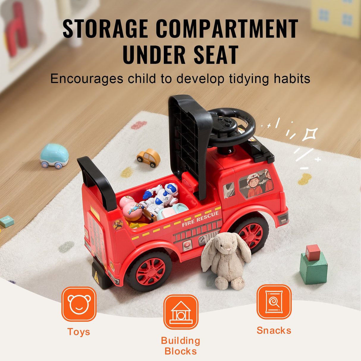 Toddler Push Ride On Car with Music Steering Wheel and Storage Red