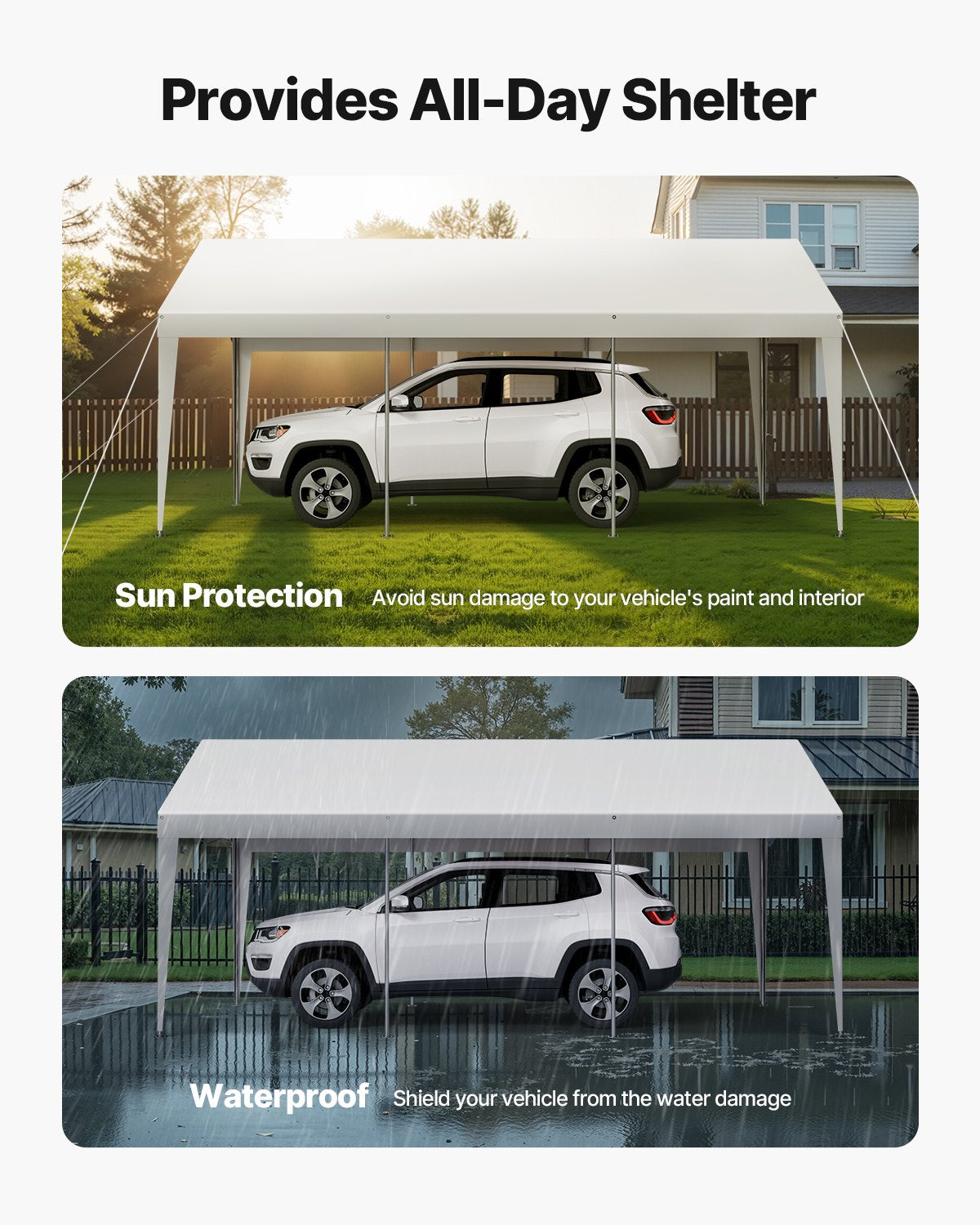 Car parked under the white carport canopy for shade and rain cover
