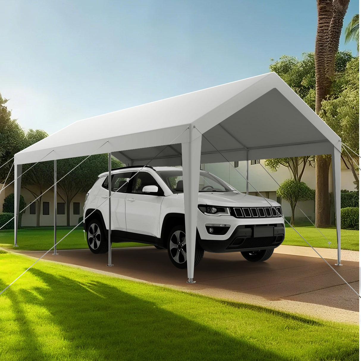 Interior view of the white carport showing bright headroom