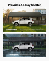 Car parked under the grey carport canopy for shade and rain cover