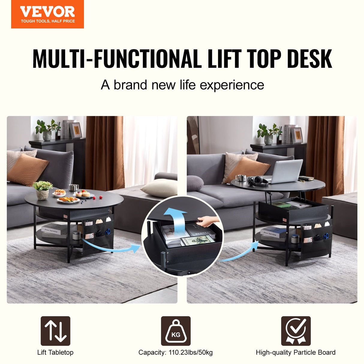 Black round lift top coffee table with hidden storage