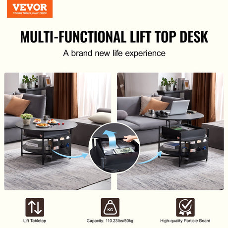 Black round lift top coffee table with hidden storage
