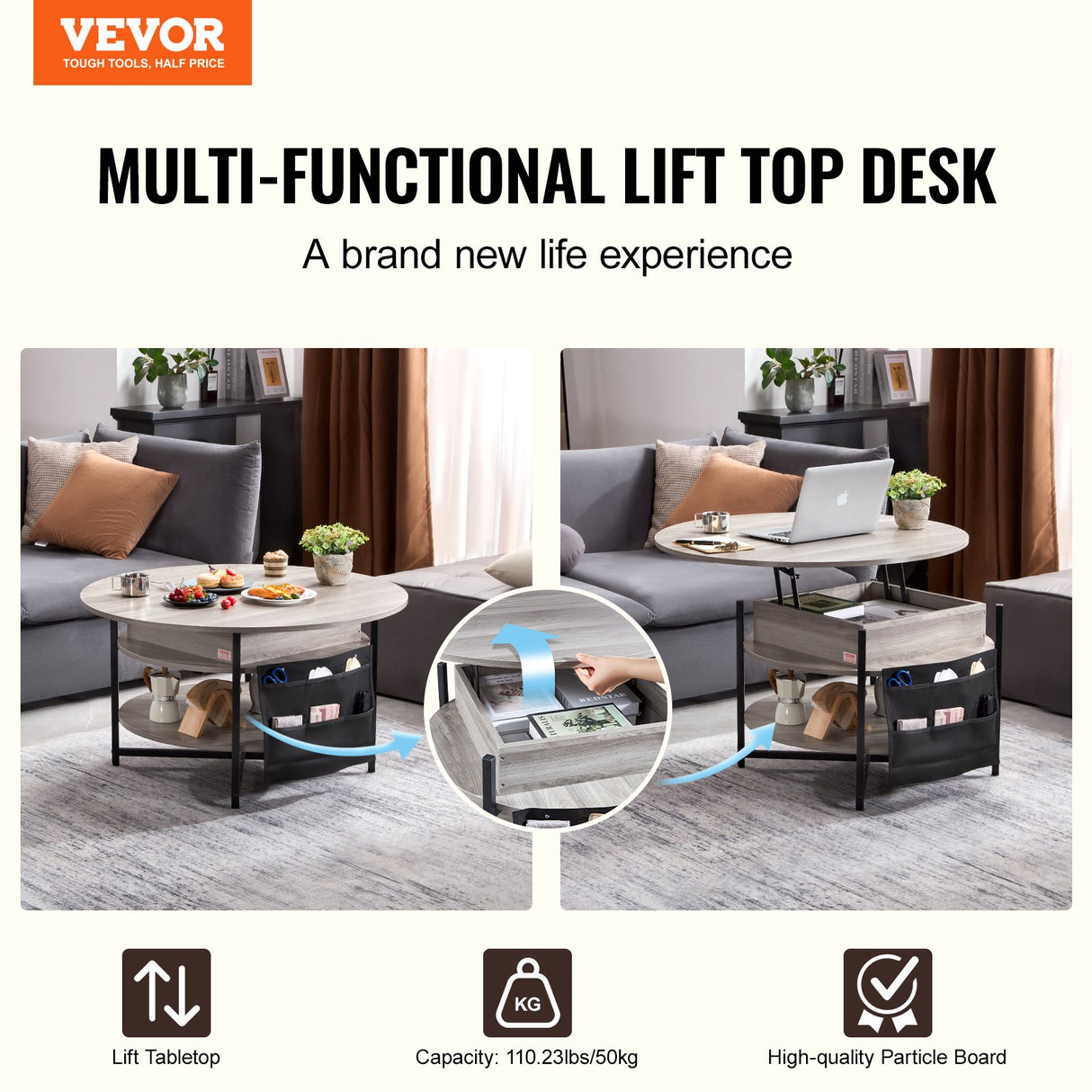 Lift top coffee table with the top raised to working height