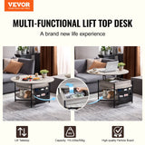 Lift top coffee table with the top raised to working height