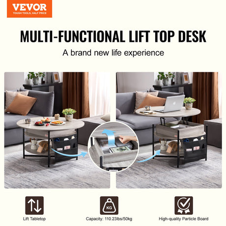 Lift top coffee table with the top raised to working height