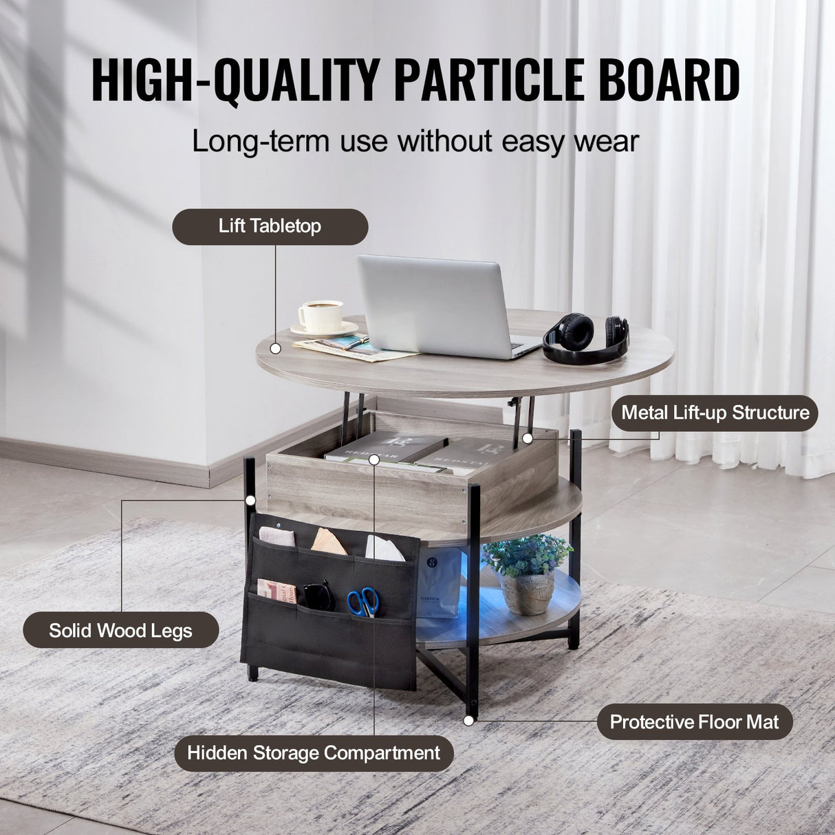 Side shelves and storage on the white coffee table