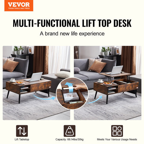 Brown rectangular lift top coffee table with hidden storage