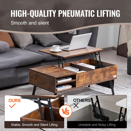 Brown rectangular lift top coffee table with hidden storage