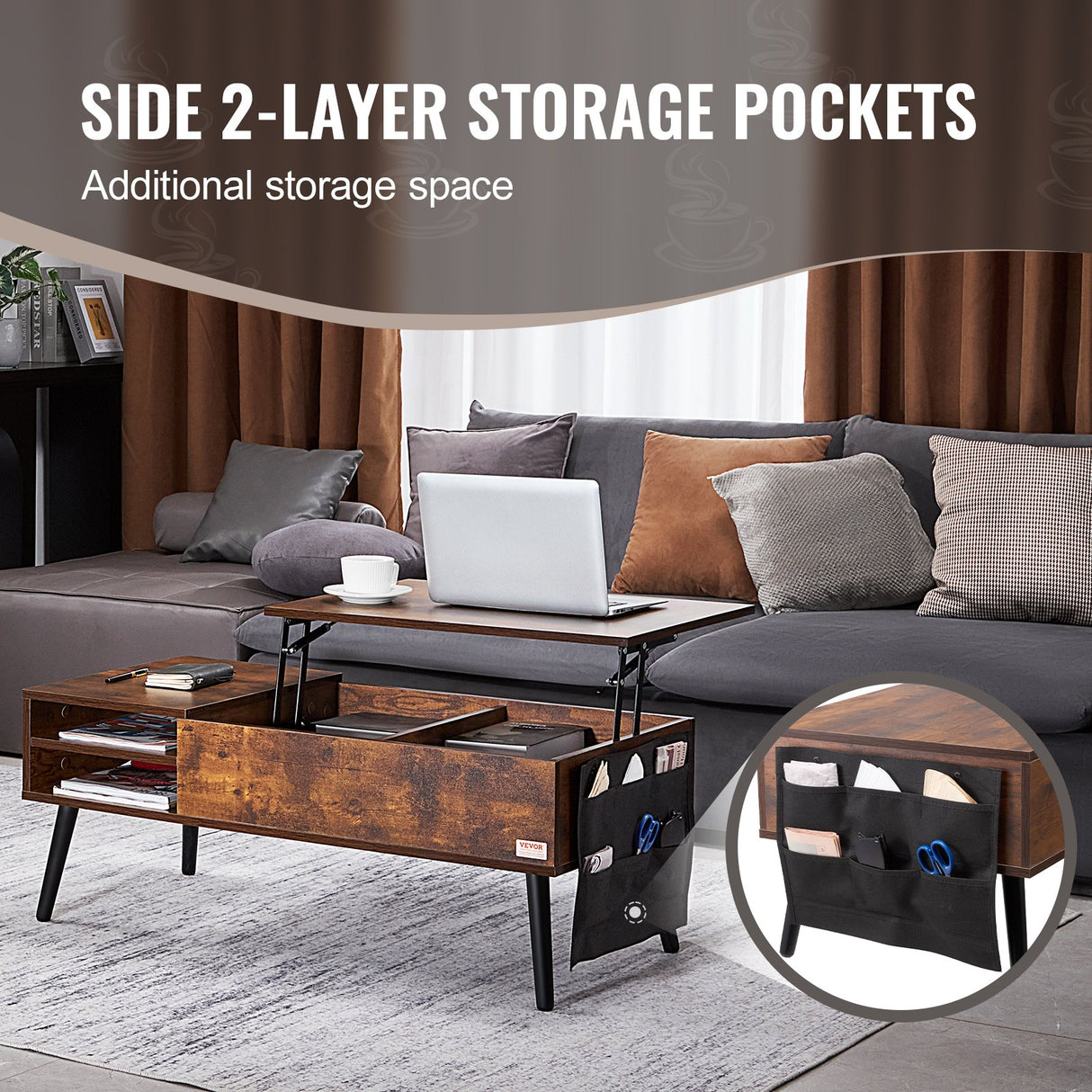 Brown rectangular lift top coffee table with hidden storage