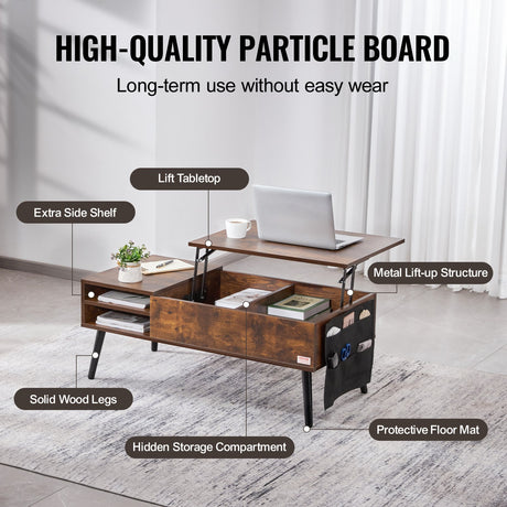 Brown rectangular lift top coffee table with hidden storage