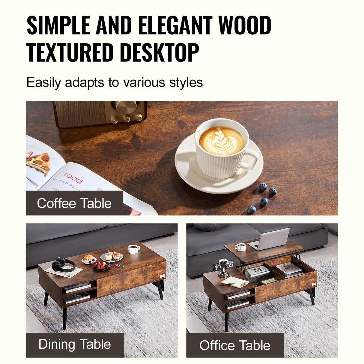 Brown rectangular lift top coffee table with hidden storage