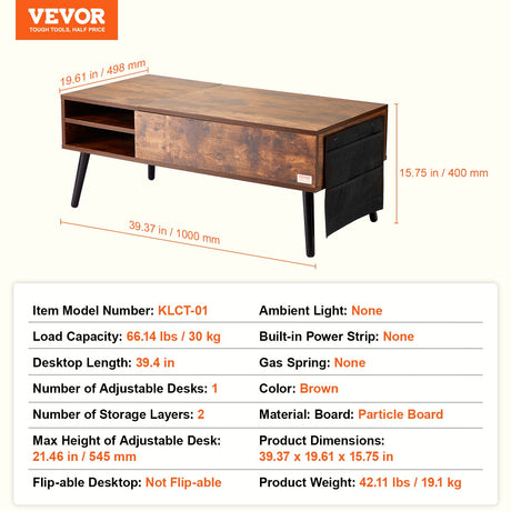 Brown rectangular lift top coffee table with hidden storage