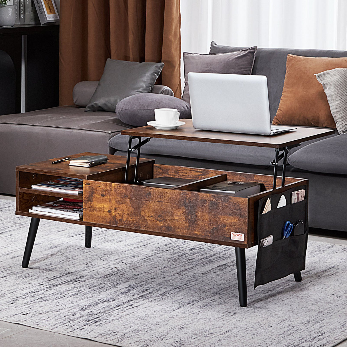 Brown rectangular lift top coffee table with hidden storage