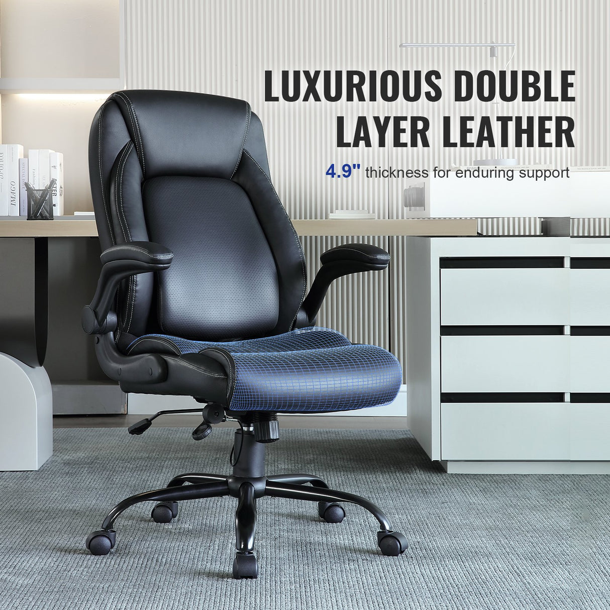 Nedlands grey PU leather executive office chair with flip up arms in a home office