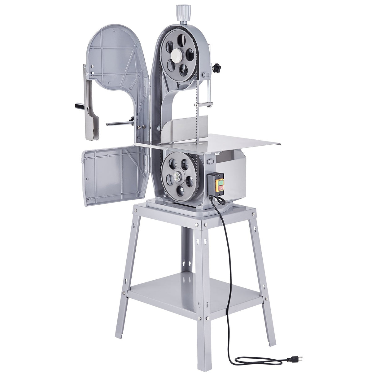 Bandsaw with the blade cover opened for blade access and cleaning
