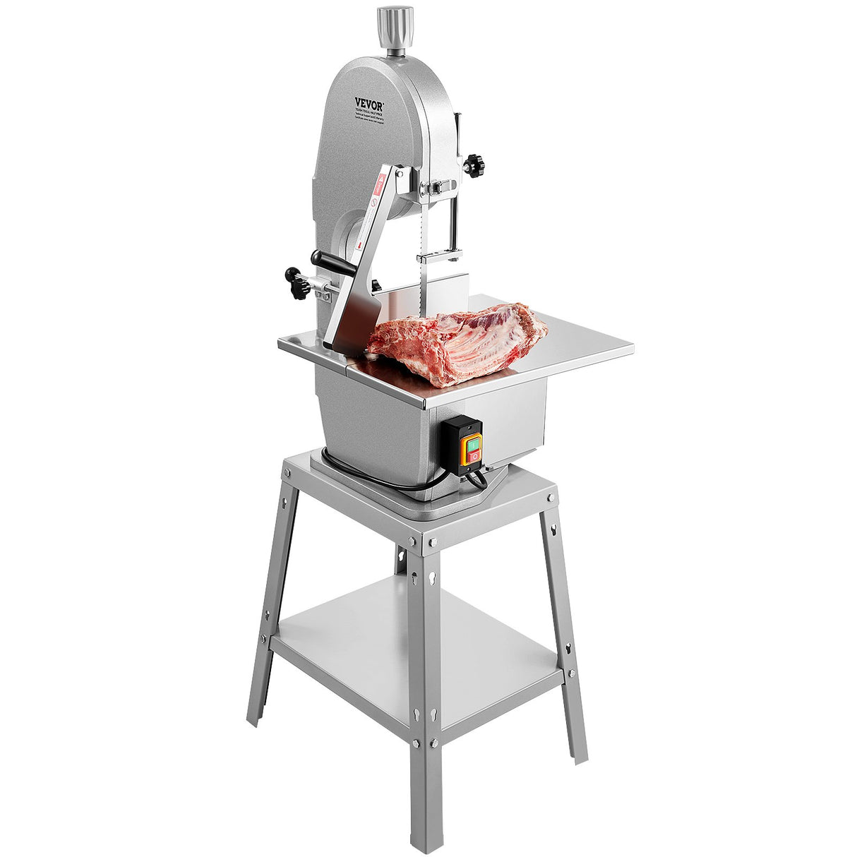 Commercial meat bandsaw set up in a butcher shop work area