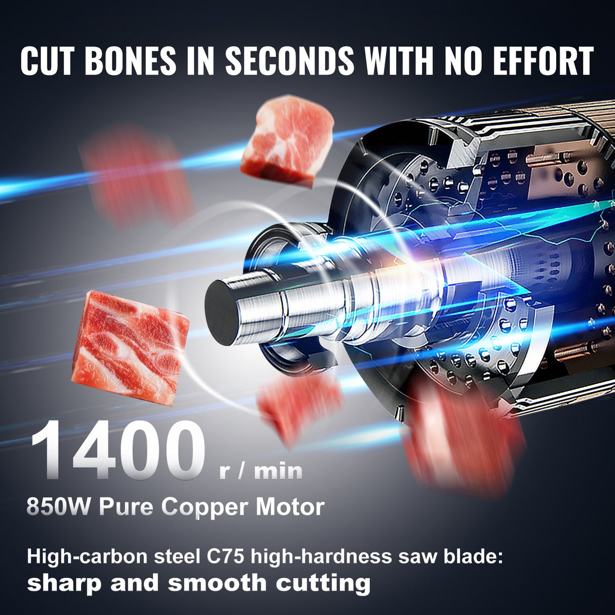 Front view of the bone sawing machine showing blade guard and switch